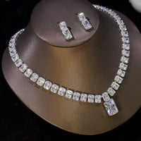 Platinum Plated Luxury Big White Rectangle Cubic Zirconia pendant Necklace Set 💎