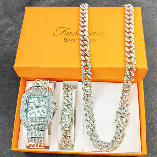 Luxury Iced-Out Cuban Chain Jewelry Set – Watch, Bracelet & Necklace for Men ✨