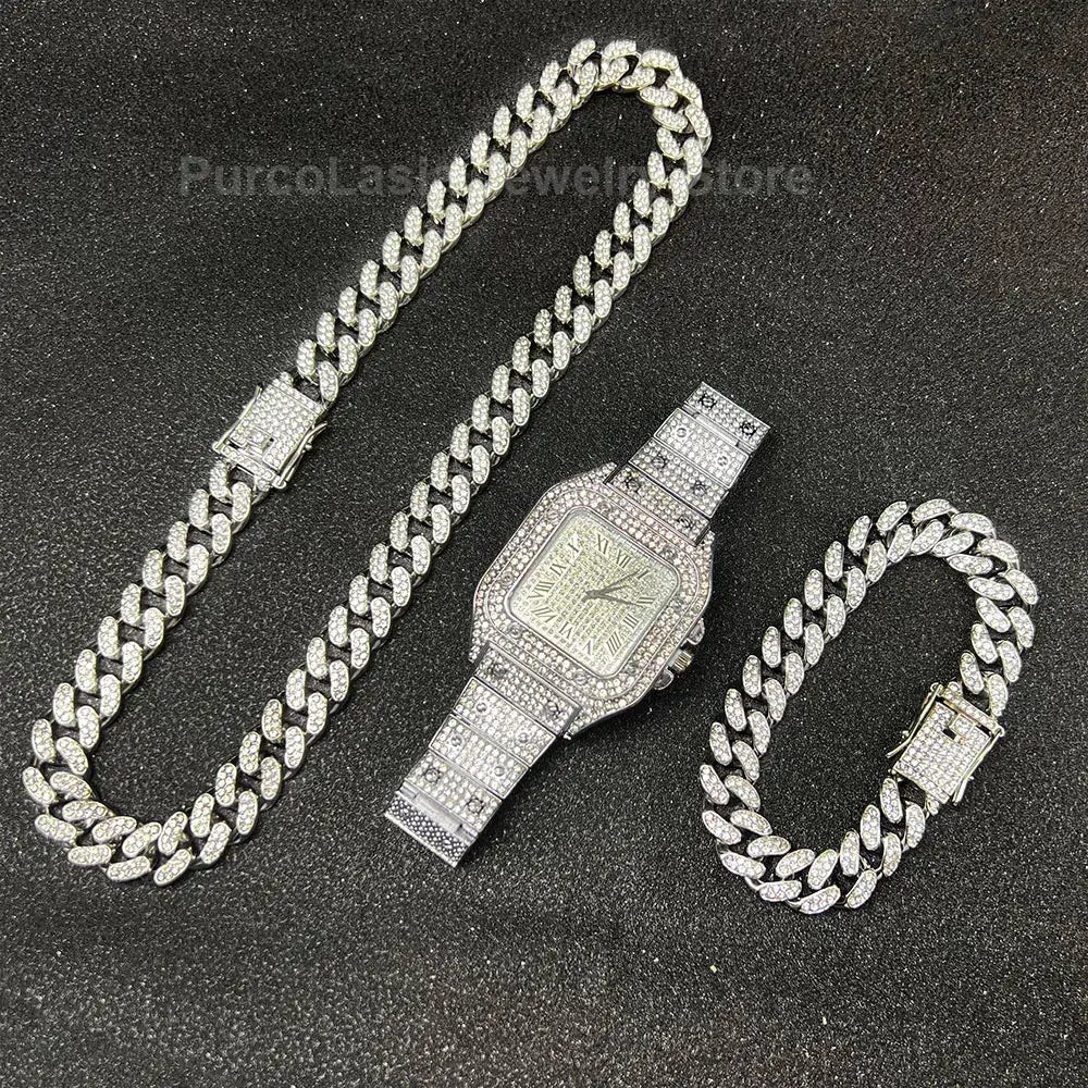 Luxury Iced-Out Cuban Chain Jewelry Set – Watch, Bracelet & Necklace for Men ✨