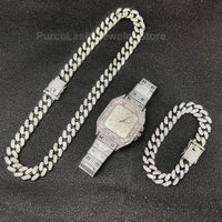 Luxury Iced-Out Cuban Chain Jewelry Set – Watch, Bracelet & Necklace for Men ✨