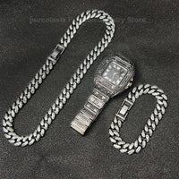 Luxury Iced-Out Cuban Chain Jewelry Set – Watch, Bracelet & Necklace for Men ✨