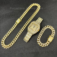 Luxury Iced-Out Cuban Chain Jewelry Set – Watch, Bracelet & Necklace for Men ✨