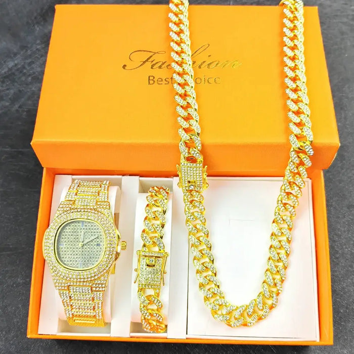 Luxury Iced-Out Cuban Chain Jewelry Set – Watch, Bracelet & Necklace for Men ✨