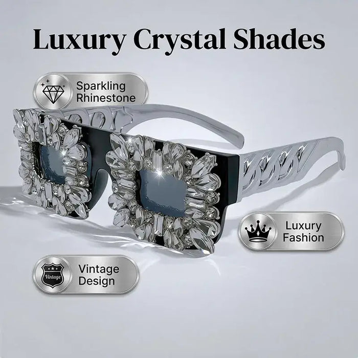 Rhinestone Square Glasses Women Luxury Silver Chain Leg Statement Eyewear🕶️