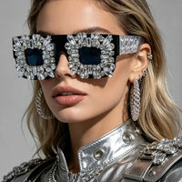 Rhinestone Square Glasses Women Luxury Silver Chain Leg Statement Eyewear🕶️