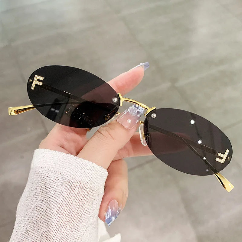 Rimless Sunglasses Women UV400 Oval Elegant Diamond F Sunglasses ✨
