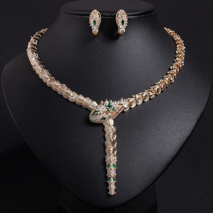Serpentine Snake Necklace And Earring Jewelry Set Zircon Elegant Banquet 💎