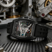 Skeleton Quartz Watch Iridescent Luminous Dial Black Silicone Strap Sport  ⌚️