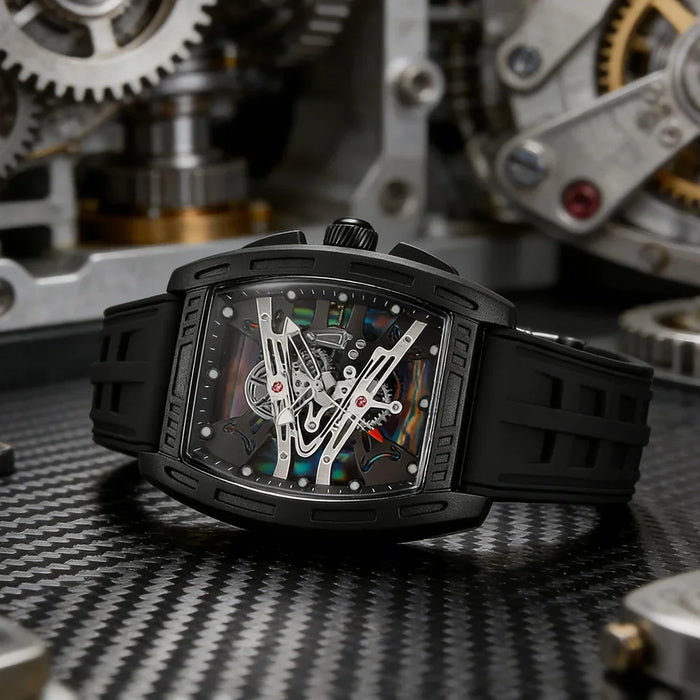 Skeleton Quartz Watch Iridescent Luminous Dial Black Silicone Strap Sport  ⌚️