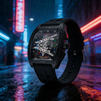 Skeleton Quartz Watch Iridescent Luminous Dial Black Silicone Strap Sport  ⌚️