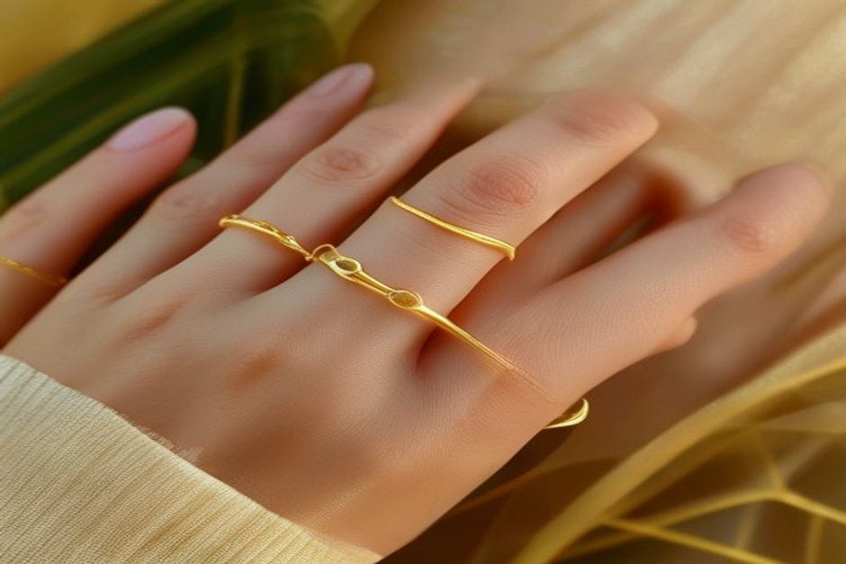 Slim plain gold band ring stack