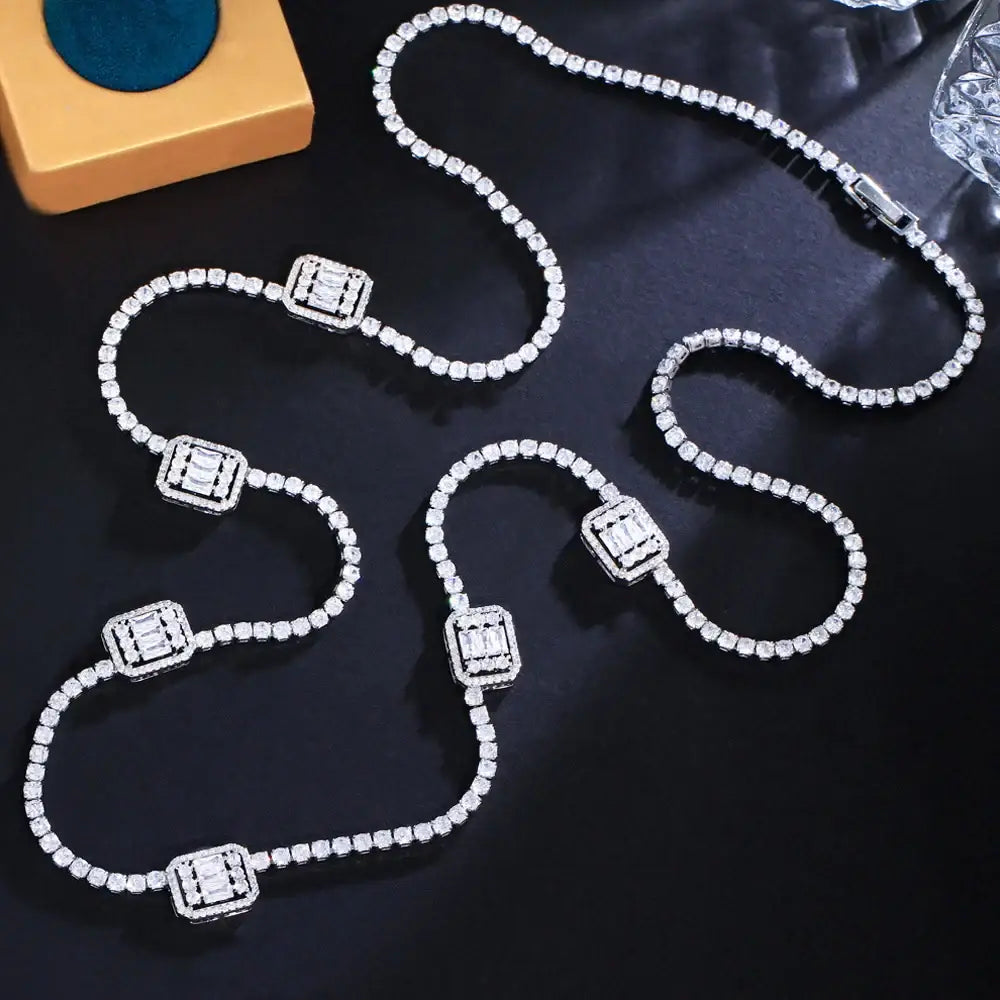 ThreeGraces Shiny Cubic Zirconia Silver Color Long Geometric Sweater Chain Necklace 💎