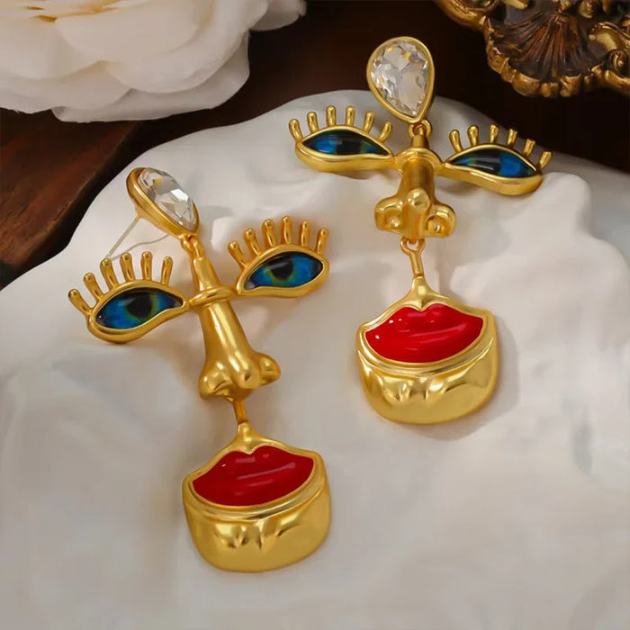 Vintage Blue Eye Red Lip Drop Dangle Earrings Gold Color Artistic Statement Earrings✨