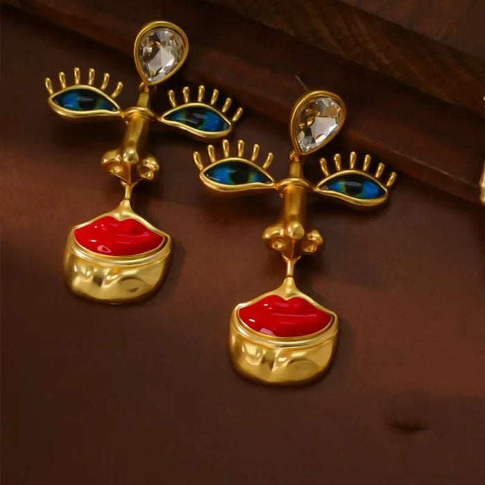 Vintage Blue Eye Red Lip Drop Dangle Earrings Gold Color Artistic Statement Earrings✨